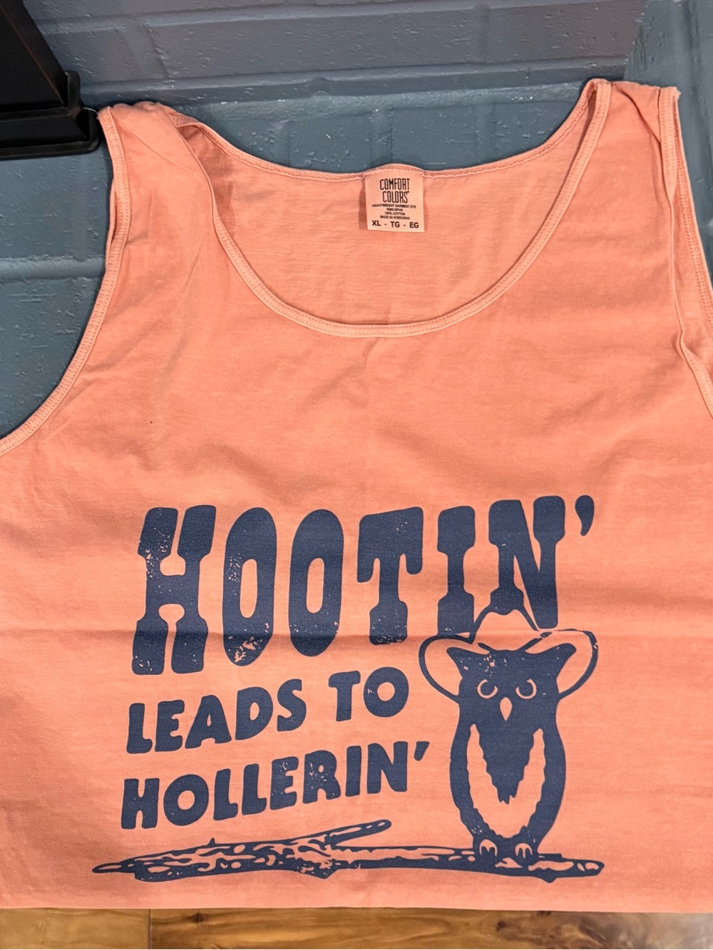 Comfort Colors Coral Tank Top with Navy Hootin' Graphic